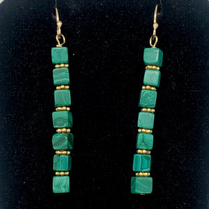Exotic! Malachite Cube Beads 14K Gold Filled Earrings! | 2 inch Long |