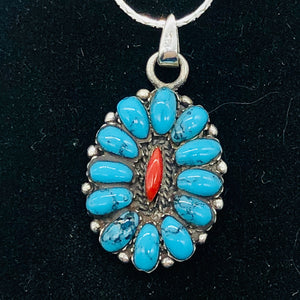 Turquoise Coral Sterling Silver Blossom Pendant | 1 1/4" Long | Blue/Red |