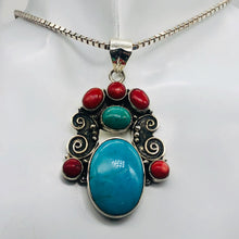 Load image into Gallery viewer, Turquoise Coral Native American Sterling Silver Pendant| 2 1/2&quot; Long| Blue]Red |
