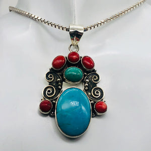 Turquoise Coral Native American Sterling Silver Pendant| 2 1/2" Long| Blue]Red |