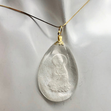 Reverse Carved Quan Yin Goddess Rutilated Quartz 14Kgf Pendant | 40x29x8mm | - PremiumBead Primary Image 1