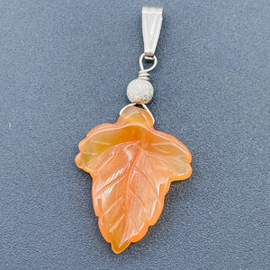 Carnelian Sterling Silver Carved Leaf | 1 3/4" Long | Orange | 1 Pendant |