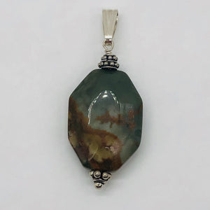 Owyhee Jasper Sterling Silver Drop Pendant | 1 3/4" Long| Green/Brown| 1 Pendant