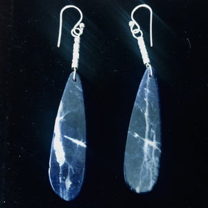 Sodalite Sterling Silver Teardrop | 3" Long | Blue/White | 1 Pair Earrings |