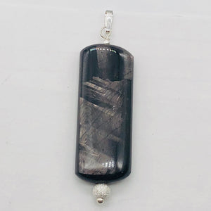 Hypersthene, Flat Rounded Rectangle Dangle Pendant| 2 1/2 ' Long | Black/Silver|