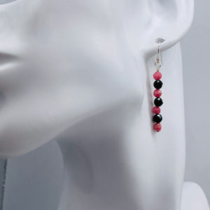 Rhodonite Onyx Sterling Silver Drop Earrings | 1 1/2" Long| Pink/Black 1 Pair |