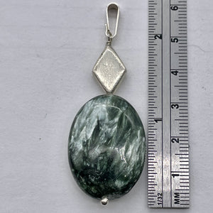 Seraphinite Drop Oval Sterling Silver Pendant | 2 1/4" Long | Green White | 1 |