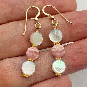 Rhodocrosite Mother of Pearl 14K Gold Filled Drop Earrings | 1 3/4"| Pink White|