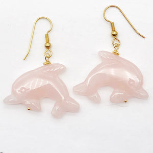 Rose Quartz 14K Gold Filled Dolphin Drop/Dangle Earrings| 2 3/4" Long | Pink |