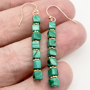 Exotic! Malachite Cube Beads 14K Gold Filled Earrings! | 2 inch Long |