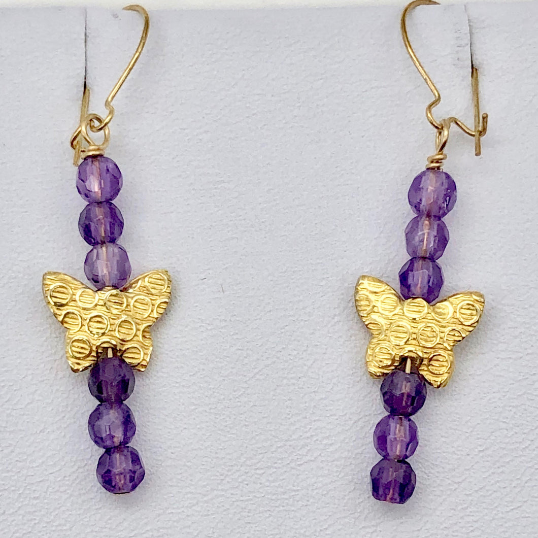 Butterfly and Natural Faceted Amethyst 14K Gold Filled Earrings. | 1 3/4