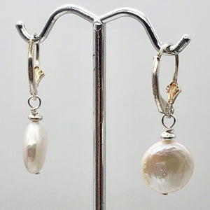 Creamy White Coin FW Pearl Lever Back Earrings | 1 1/4" Long | White | 1 Pair |