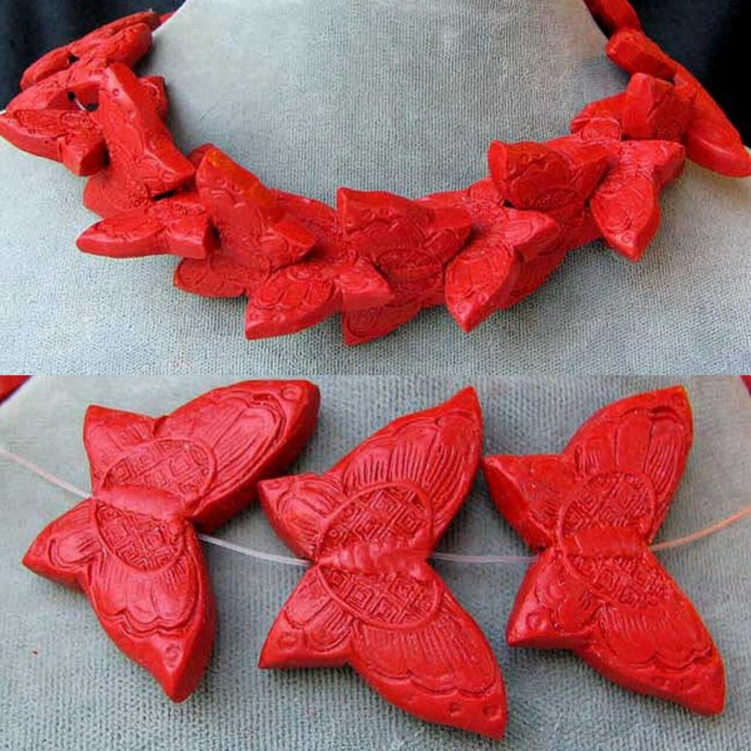 Hand Carved Red Cinnabar Butterfly Bead Strand | 34.5x23x7mm | Red - PremiumBead Primary Image 1