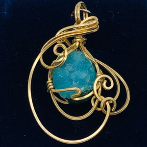 Druzy Chrysocolla 14K Gold Filled Wire Wrap Pendant| 1 1/4" Long|Blue| 1 Pendant