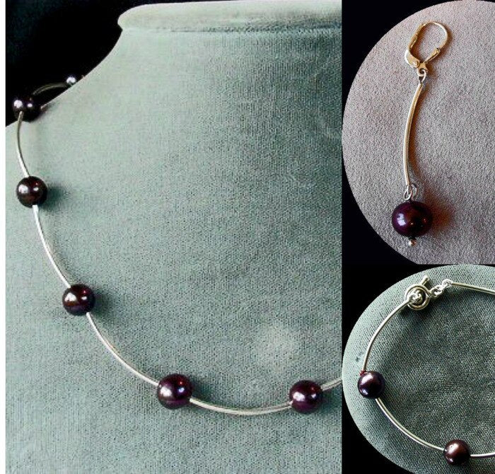 Black Grape Pearl Sterling Silver Bracelet Earrings and Necklace 3948 - PremiumBead Primary Image 1