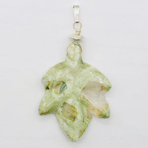 Ryolite Rain Tree Jasper Sterling Silver Leaf Pendant|2" Long |Green | 1 Pendant