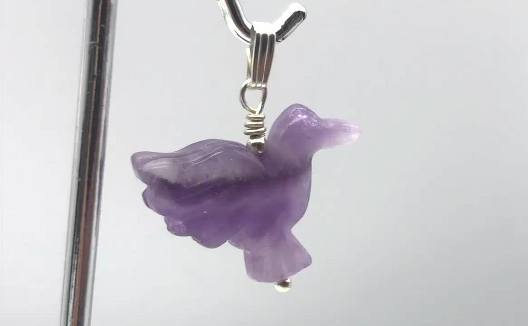 Carved Amethyst Dove Bird Sterling SilverPendant | 1.5 inches (Long) | Purple |