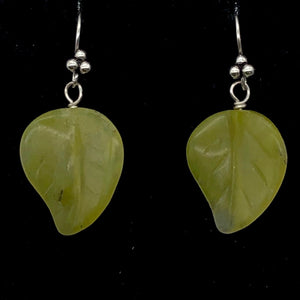Korean Jade Carved Leaf Sterling Silver Drop Earrings | 1 1/2" Long | Green |