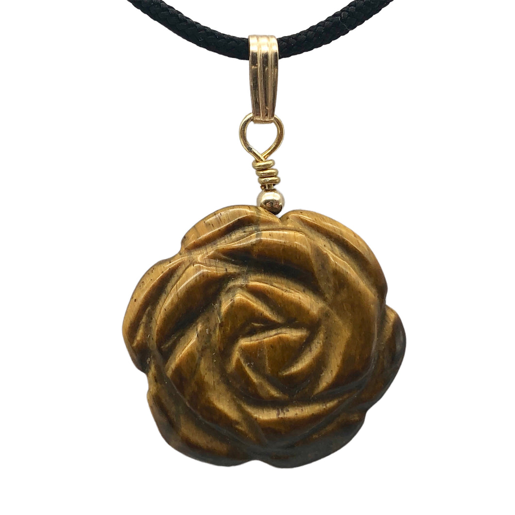 Hand Carved Tigereye Rose Flower 14K Gold Filled Pendant | 1.5