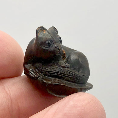 Carved Teak Kitty Cat On Clam Shell Ojime Netsuke Bead | 19x19x23mm | Brown - PremiumBead Primary Image 1