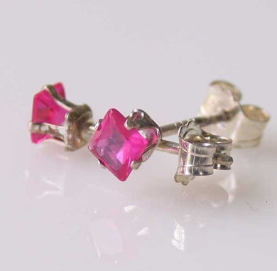 Princess 3mm Created Pink Ruby & 925 Sterling Silver Stud Earrings 10152G - PremiumBead Primary Image 1