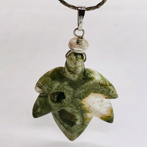 Ryolite Rain Tree Jasper Sterling Silver Leaf Pendant|2" Long |Green | 1 Pendant