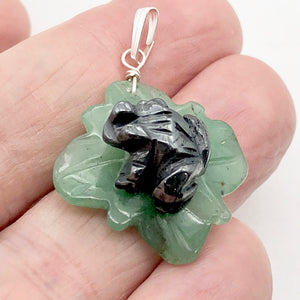 Ribbit Hematite Frog On Aventurine Lily Pad Stering Silver Pendant| 1 5/8" Long|