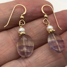 Load image into Gallery viewer, Fluorite and Pearl 15x10mm Bead Dangle 14K Gold Filled Earrings! | 1 1/2&quot; Long|
