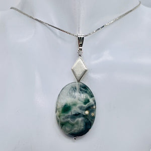 Ocean Jasper Sterling Silver Oval Pendant | 2" Long | Green | 1 Pendant |