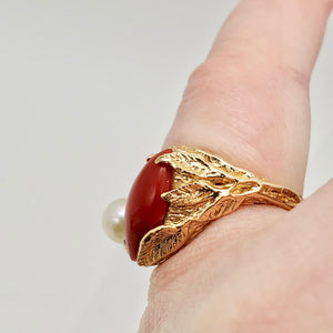 Natural Red Coral & Pearl Carved Solid 14Kt Yellow Gold Ring Size 5.75 9982D - PremiumBead Alternate Image 12