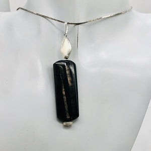 Hypersthene, Flat Rounded Rectangle Dangle Pendant | 2 1/2" Long | Black/Silver|