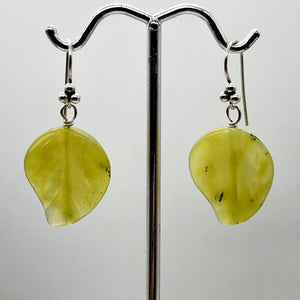 Korean Jade Carved Leaf Sterling Silver Drop Earrings | 1 1/2" Long | Green |