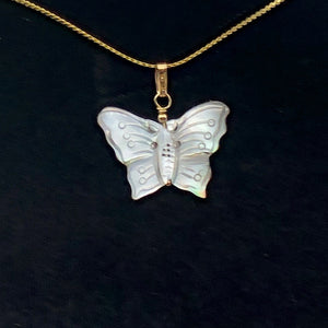 Mussel Shell Carved Butterfly 14K Gold Filled Pendant | 1" Long | Silver Black |