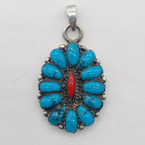 Turquoise Coral Sterling Silver Blossom Pendant | 1 1/4" Long | Blue/Red |