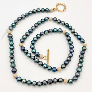 Dramatic Blue Rainbow Peacock Freshwater Pearl 14Kgf Necklace 18 1/2 inch