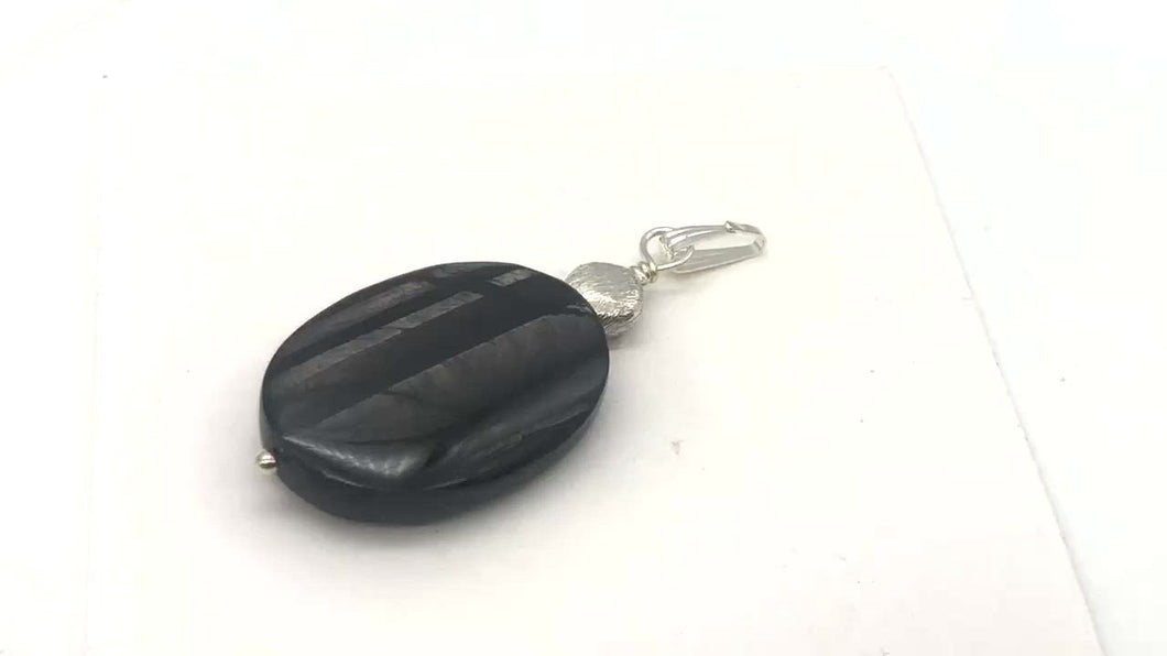 Hypersthene Sterling Silver Pendant |1 3/4 inch long | Silver-black | Oval |