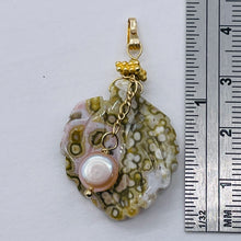 Load image into Gallery viewer, Ocean Jasper Leaf w/Pearl 14K Gold Filled Pendant | 1 1/2&quot; Long | Yellow/White |
