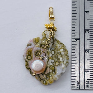 Ocean Jasper Leaf w/Pearl 14K Gold Filled Pendant | 1 1/2" Long | Yellow/White |
