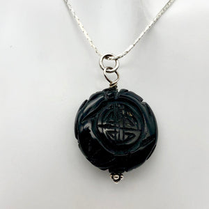 Carved Long Life Obsidian Coin Bead Sterling Silver Pendant - PremiumBead Alternate Image 3