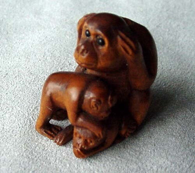 No Evil Carved & Signed Boxwood Monkey Ojime/Netsuke Bead - PremiumBead Primary Image 1