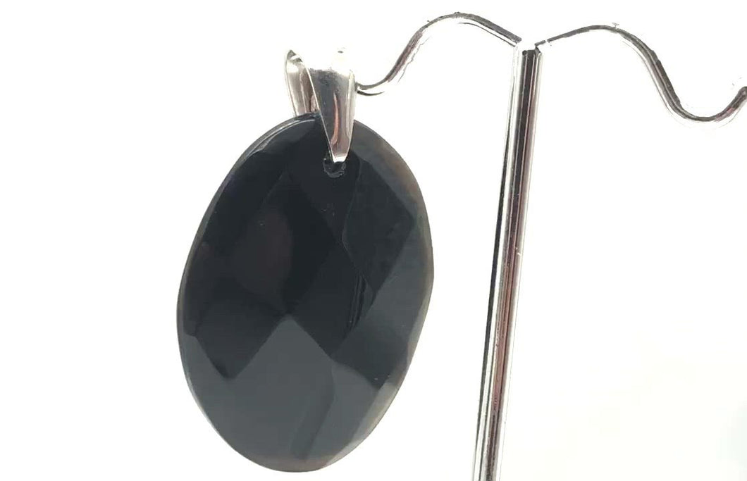 Stunning Faceted Onyx Sterling Silver Pendant| 40x30mm| Black| Oval | 1 Pendant|