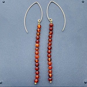 Amber 5 Beads 14K Gold Filled Drop/Dangle Earrings | 1 3/4" Long | Red |