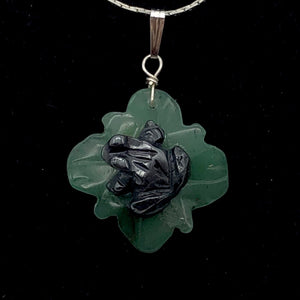 Ribbit Hematite Frog On Aventurine Lily Pad Stering Silver Pendant| 1 5/8" Long|