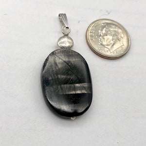 Hypersthene Sterling Silver Pendant |1 3/4 inch long | Silver-black | Oval |