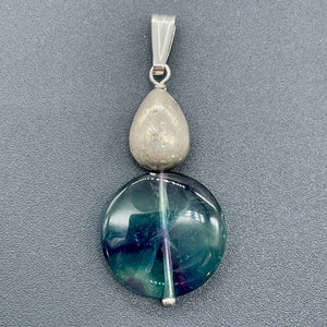 Fluorite Sterling Silver Striped Coin | 1 3/4" Long | Blue/Purple | 1 Pendant |