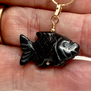 Hematite Koi Fish Pendant Necklace | Semi Precious Stone Jewelry | 14kgf Pendant - PremiumBead Alternate Image 2