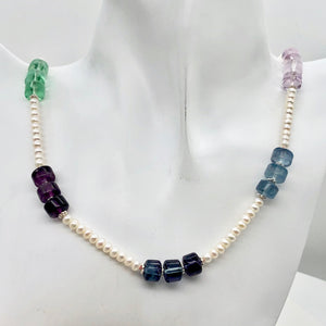 Elegant Tri-Color Fluorite Fresh Water Pearl Sterling Silver Necklace| 26 -28" |