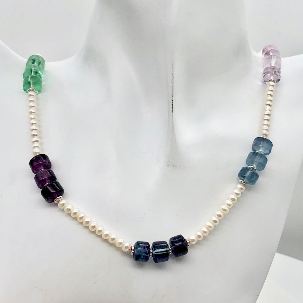 Elegant Tri-Color Fluorite Fresh Water Pearl Sterling Silver Necklace| 26 -28