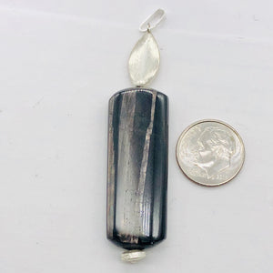 Hypersthene, Flat Rounded Rectangle Dangle Pendant | 2 1/2" Long | Black/Silver|
