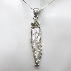 Exotic! Biwa Pearl Pendant Necklace with Peridot in Sterling Silver Setting - PremiumBead Alternate Image 4